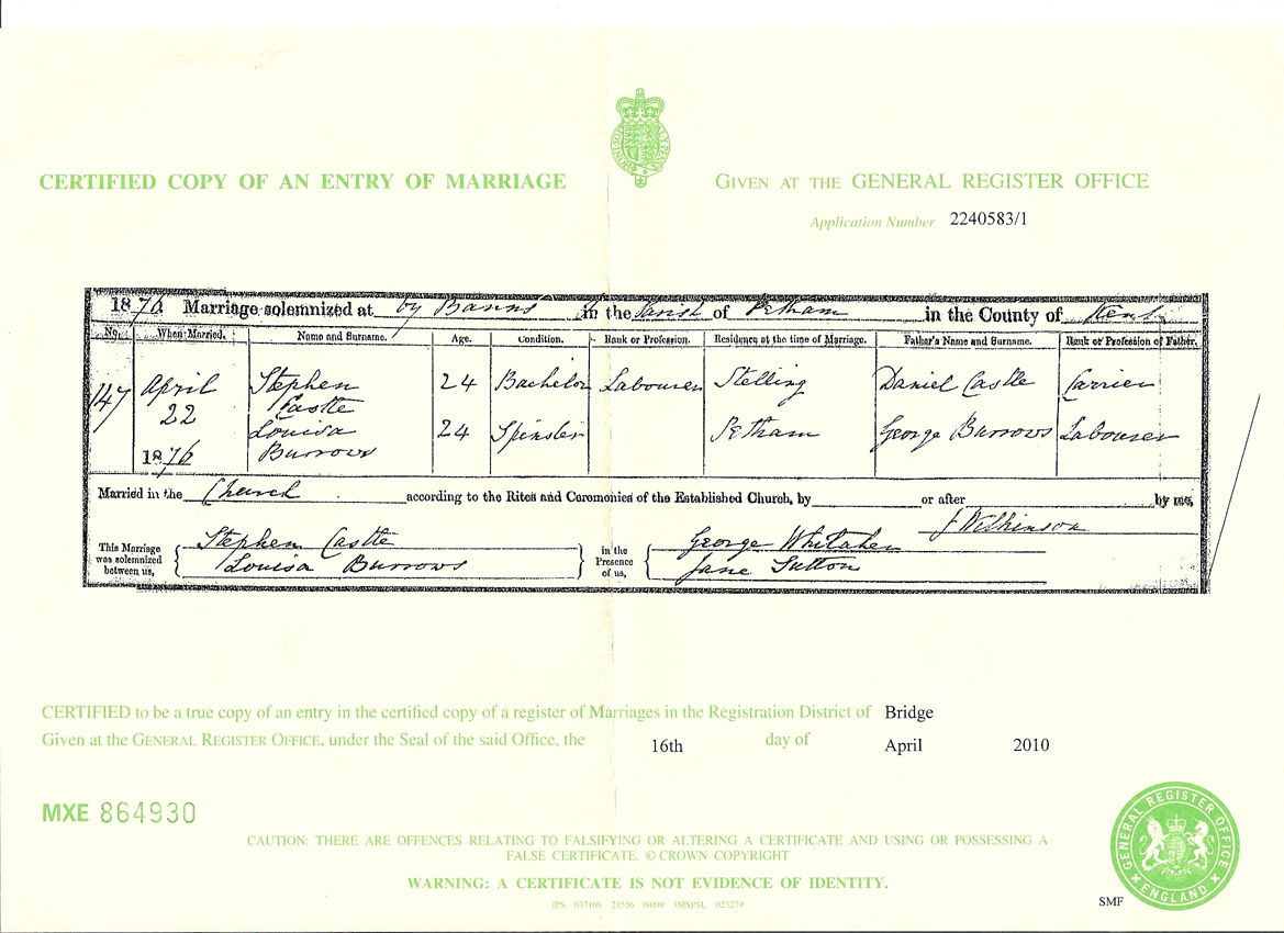 Marriage certificate of Louisa BARROWS Marriage certificate of Louisa BARROWS